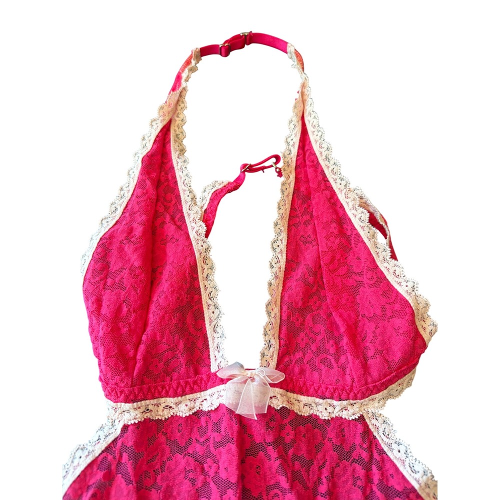 Victoria's Secret Babydoll Hot Pink Floral Lace Halter Chemise Bow Trim S/P - Picture 2 of 6